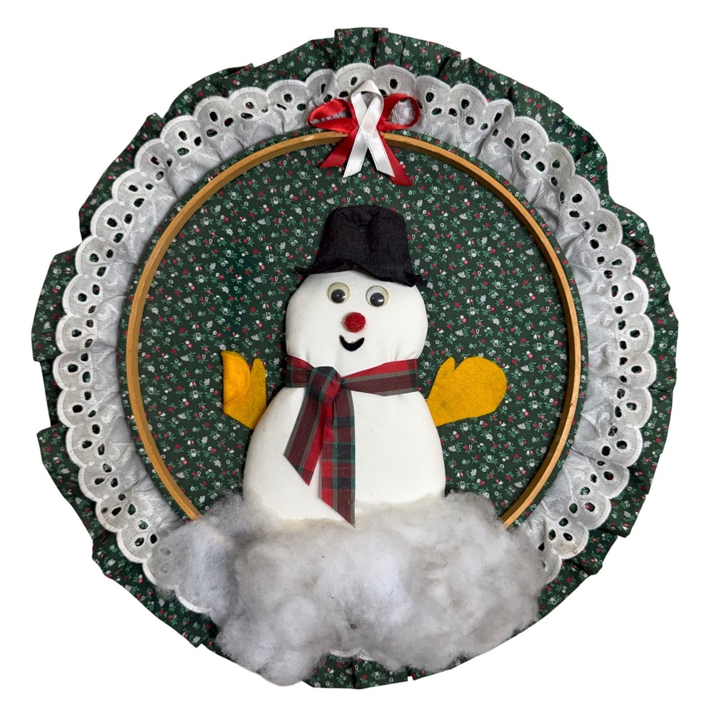 Vintage Handmade Snowman Embroidery Hoop Wall Hanging Christmas Decor 18 Inch